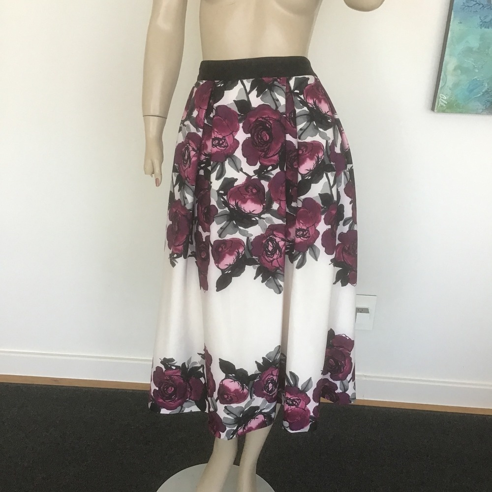 Karl Lagerfeld Paris Floral Midi Skirt Purple Rose Pleated High Waist Womens 12